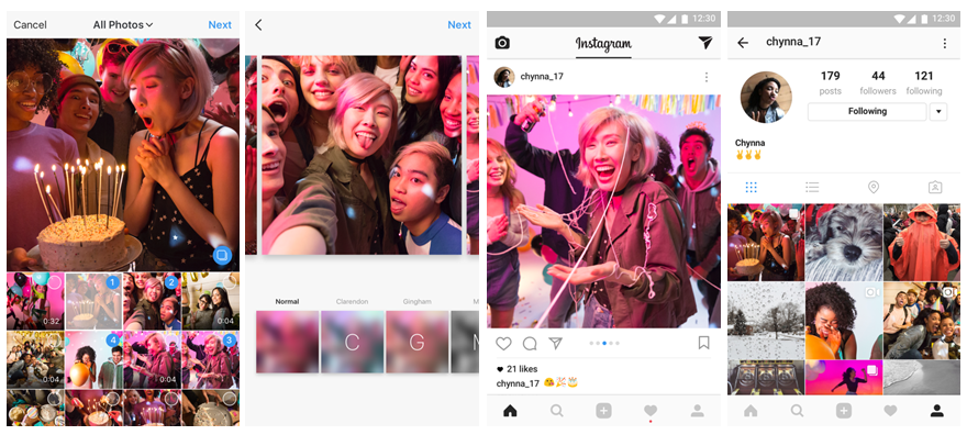 Instagram's official 2017 carousel example: a birthday photograph fills the feed post, with pagination dots beneath it.