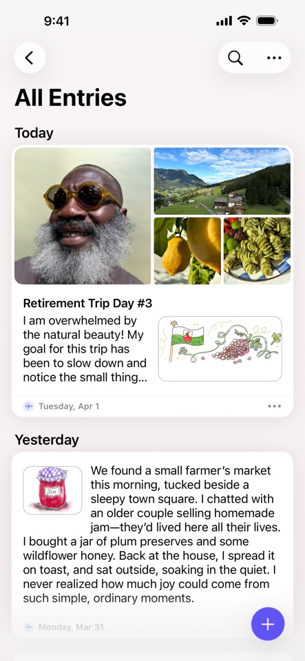 Apple Journal's All Entries screen: a Retirement Trip Day 3 entry combines a large portrait on the left with landscape and fruit photos on the right, above text and a map.