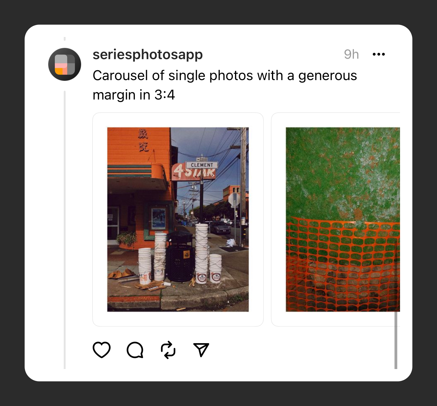 A real Threads post by Series showing one street photograph and part of the next photograph side by side in a horizontal carousel.