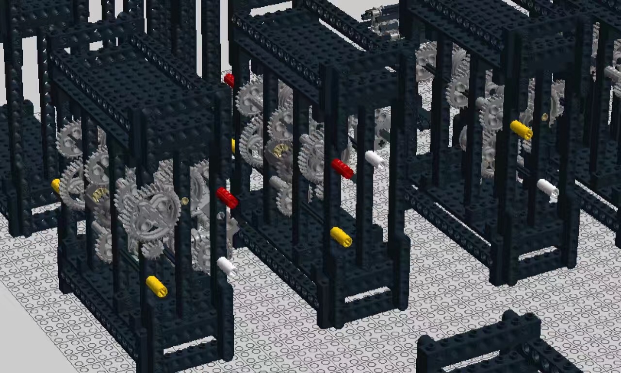 Close view of repeated LEGO gear trains inside the writing machine.