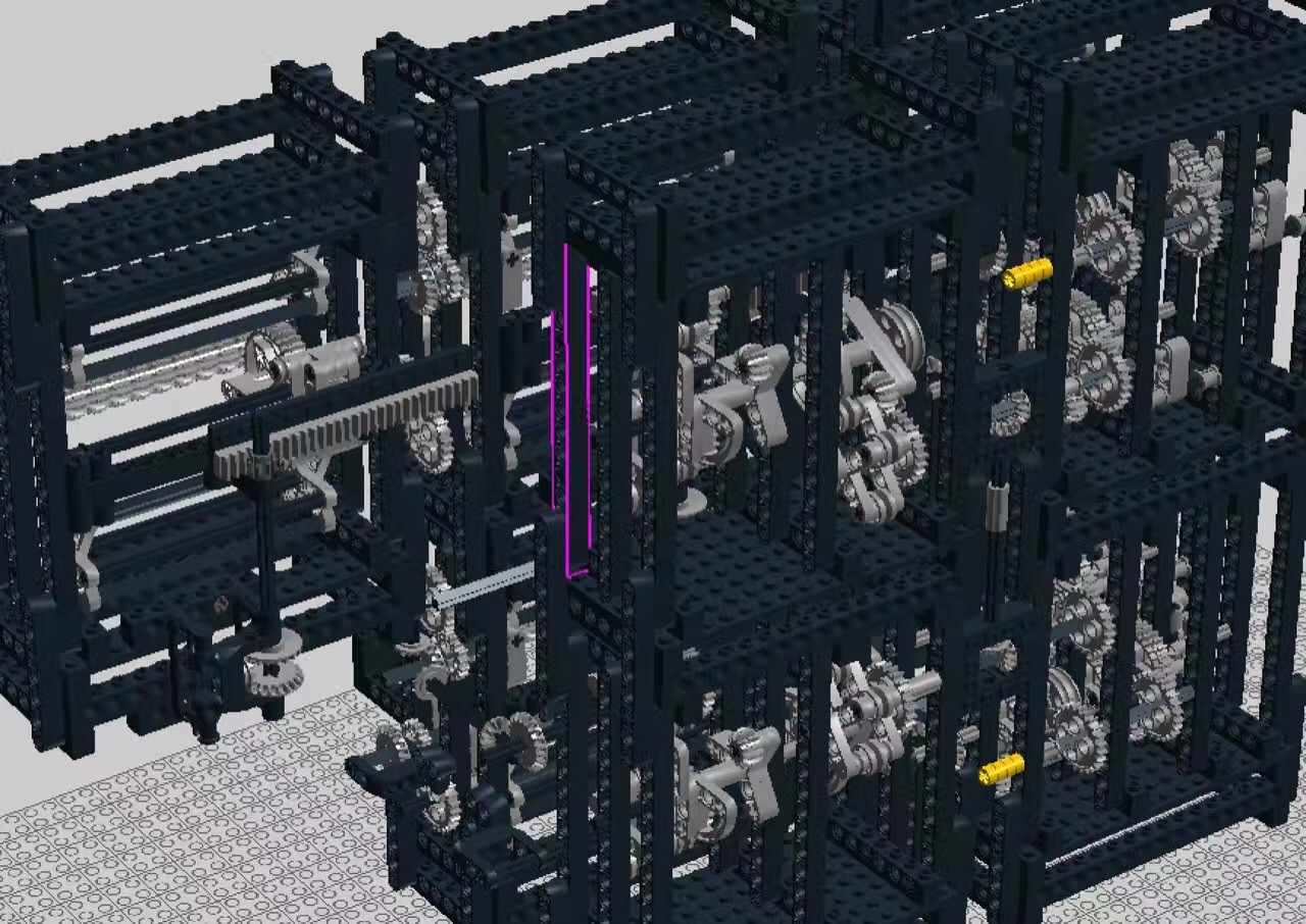 Close view of the LEGO writing machine's racks, gears, and linked transfer mechanisms.
