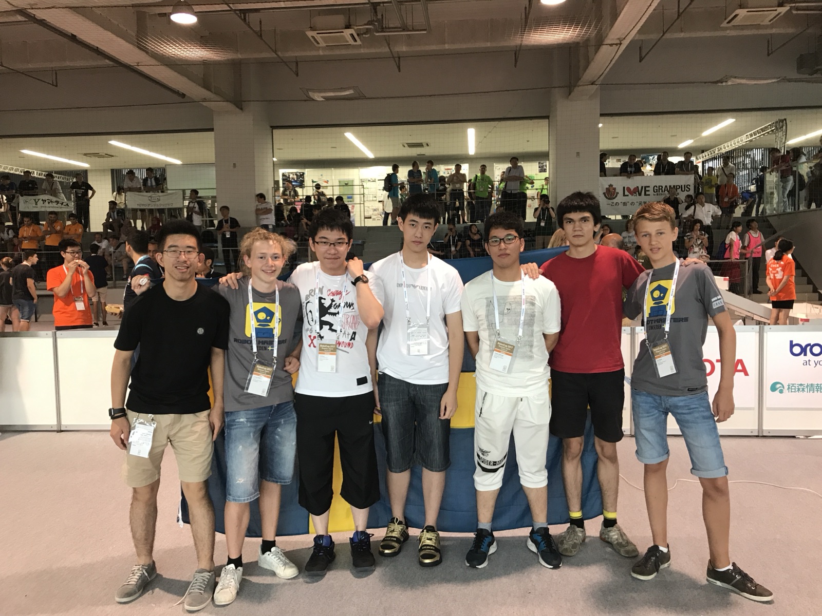 Our Rescue Maze team standing with the Swedish team we partnered with at the 2017 international final in Japan.
