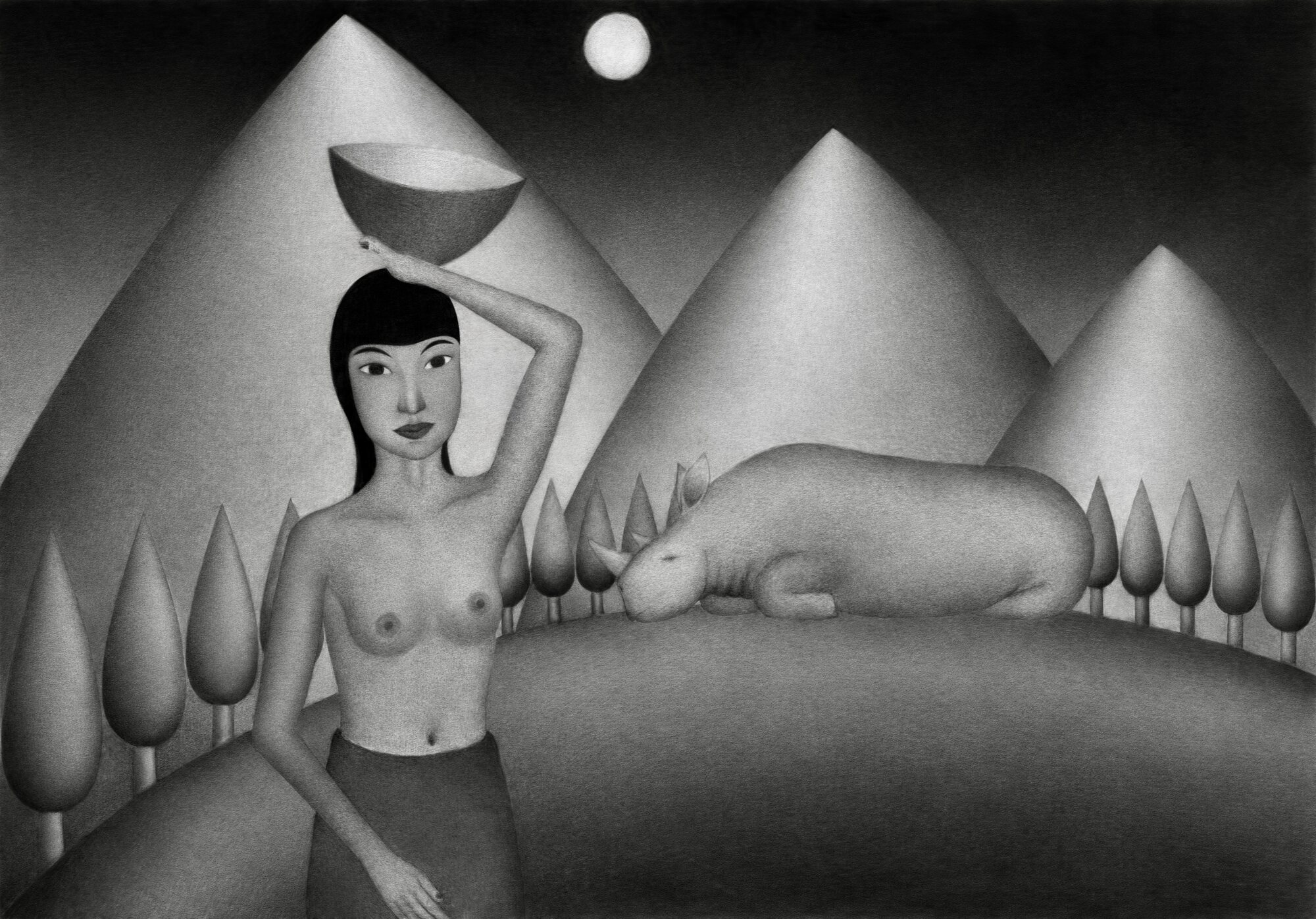 The pointillist drawing Woman and Rhinoceros.